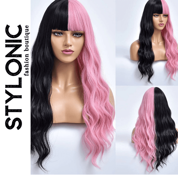 Stylonic Fashion Boutique Synthetic Wig Black and Pink Wig with Bangs Black and Pink Wig with Bangs - Stylonic Wigs