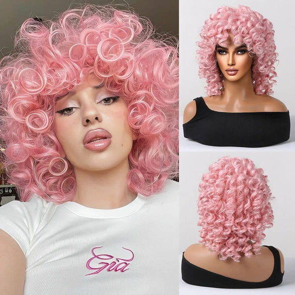 Stylonic Fashion Boutique WL1103-1 Short Pink Kinky Curly Afro Wig