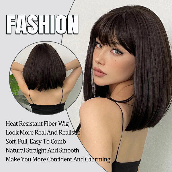 Stylonic Fashion Boutique Synthetic Wig Dark Brown Wig with Bangs Dark Brown Wig with Bangs - Stylonic Wigs