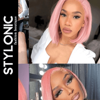 Stylonic Fashion Boutique Human Hair Wig Pink Bob Wig Silky Straight Lace Front Pink Bob Wig Silky Straight Lace Front - Stylonic Wigs