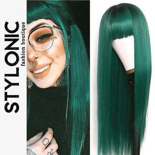 Stylonic Fashion Boutique Synthetic Wig Green  P2 / 26inches Long Green Wig with Bangs Long Green Wig with Bangs - Stylonic Fashion Boutique