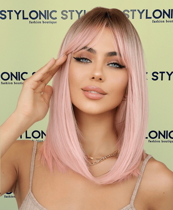 Stylonic Fashion Boutique Synthetic Wig 8501 Soft Straight Pink Wig With Dark Roots Soft Straight Pink Wig With Dark Roots -  Stylonic Wigs