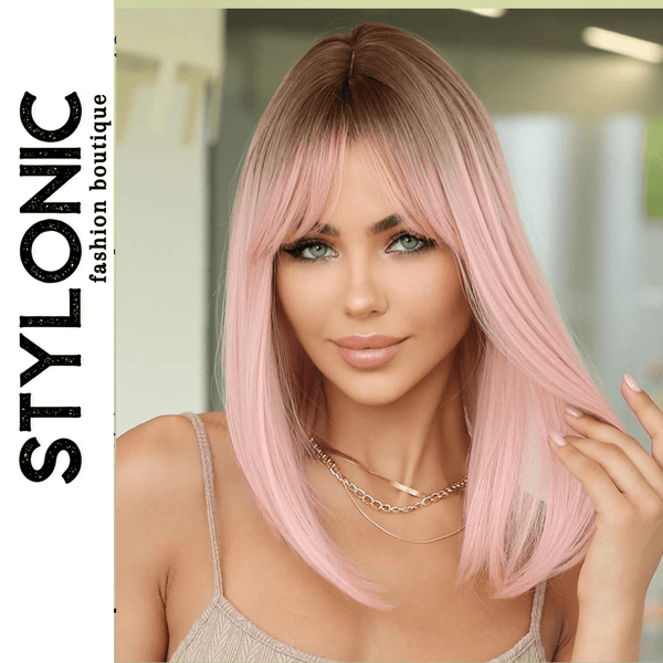 Stylonic Fashion Boutique Synthetic Wig 8501 Soft Straight Pink Wig With Dark Roots Soft Straight Pink Wig With Dark Roots -  Stylonic Wigs