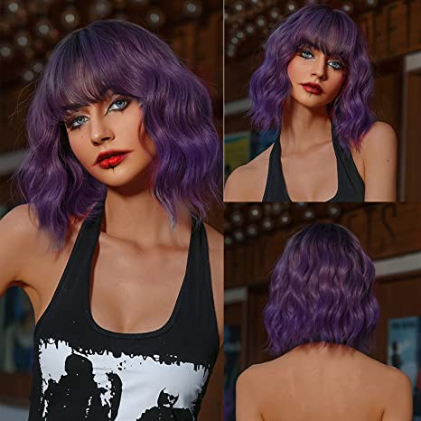 Stylonic Fashion Boutique Synthetic Wig Short Wavy Purple Wig with Bangs Short Wavy Purple Wig with Bangs - Stylonic Fashion Boutique