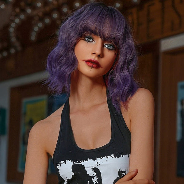 Stylonic Fashion Boutique Synthetic Wig Short Wavy Purple Wig with Bangs Short Wavy Purple Wig with Bangs - Stylonic Fashion Boutique