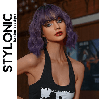 Stylonic Fashion Boutique Synthetic Wig Short Wavy Purple Wig with Bangs Short Wavy Purple Wig with Bangs - Stylonic Fashion Boutique